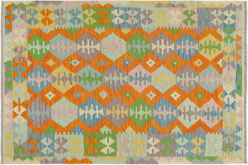 Flat Weave Kilim, Antique, Navaho, Vintage, Handmade, Geometric Kilim Orange Blue Hand-Woven Rectangle 100% Wool Area Rug 4 x 6